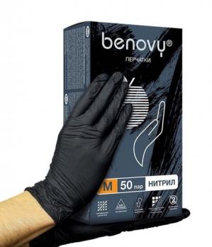 Перчатки нитриловые текстурированные на пальцах BENOVY, М, черные, 100шт.