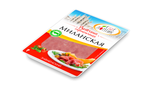 Мясной продукт из мяса сырокопченый. Ветчина "Миланская" в нарезке, шт. 0,1 кг в/у